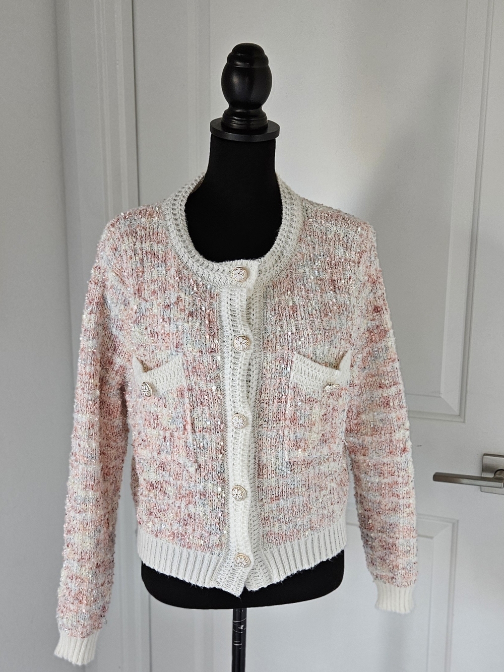 Handmade Women's Cream & Blush Textured Button-Front Cardigan - Picture 11 of 11